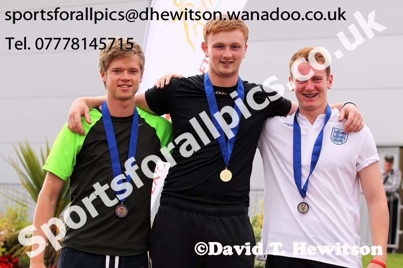 Under-20 mens discus, from left to right: Josh Phillipson (Blaydon) 3rd, Adam Graham (Gateshead) winner and Daniel Fleming (Lincoln Wellington) 2nd, Northern Senior and Under-20 Champs., Sport City, Manchester. Photo: David T. Hewitson/Sports for All Pics